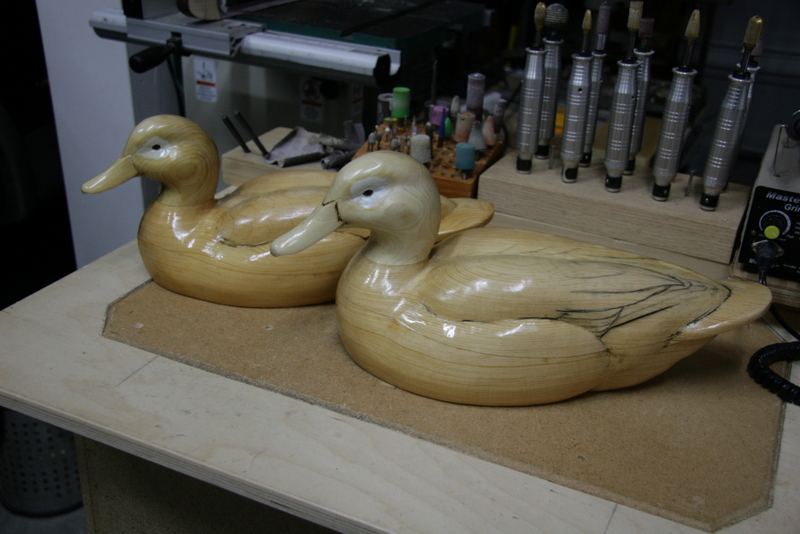 Pair of sugar pine mallard decoys